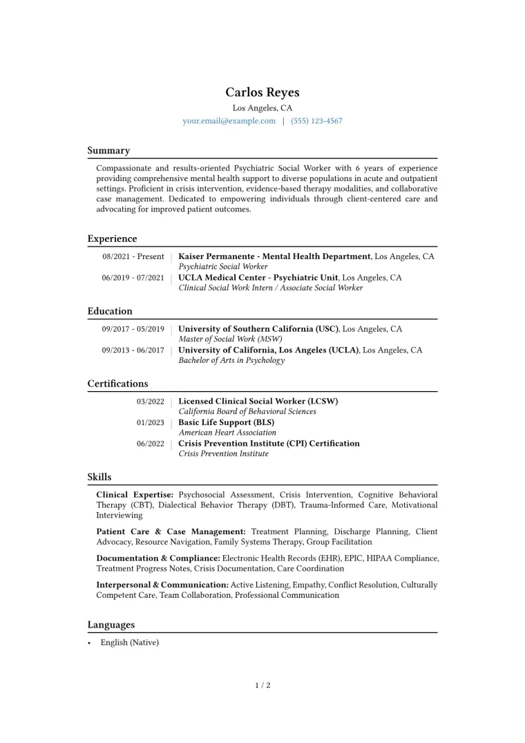 Psychiatric Social Worker Resume Example CV template preview