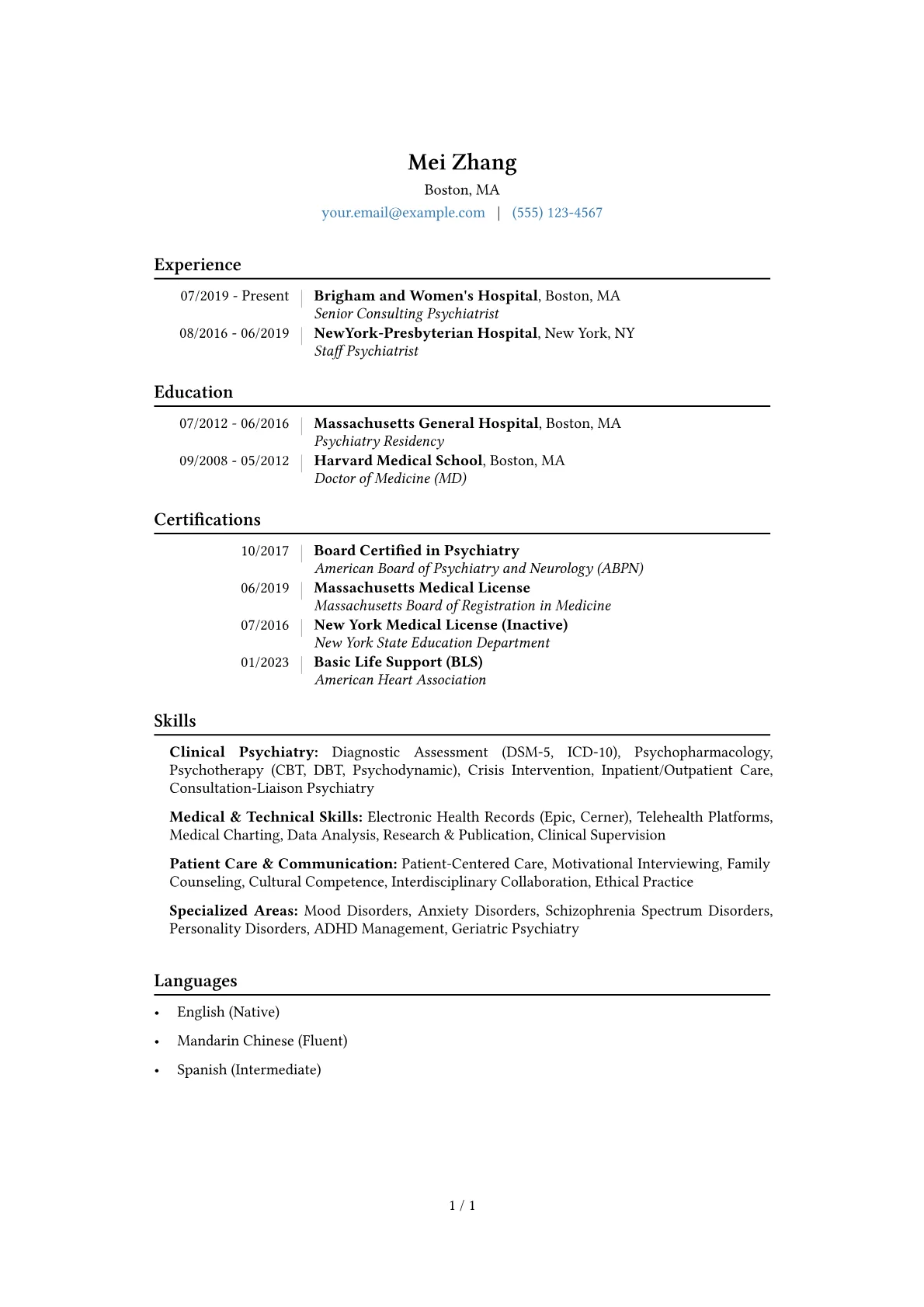 Psychiatrist Resume Example CV template - Page 1