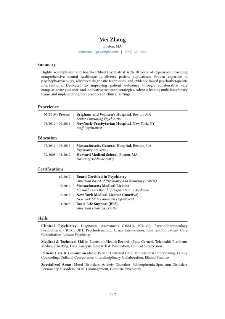 Psychiatrist Resume Example CV template preview