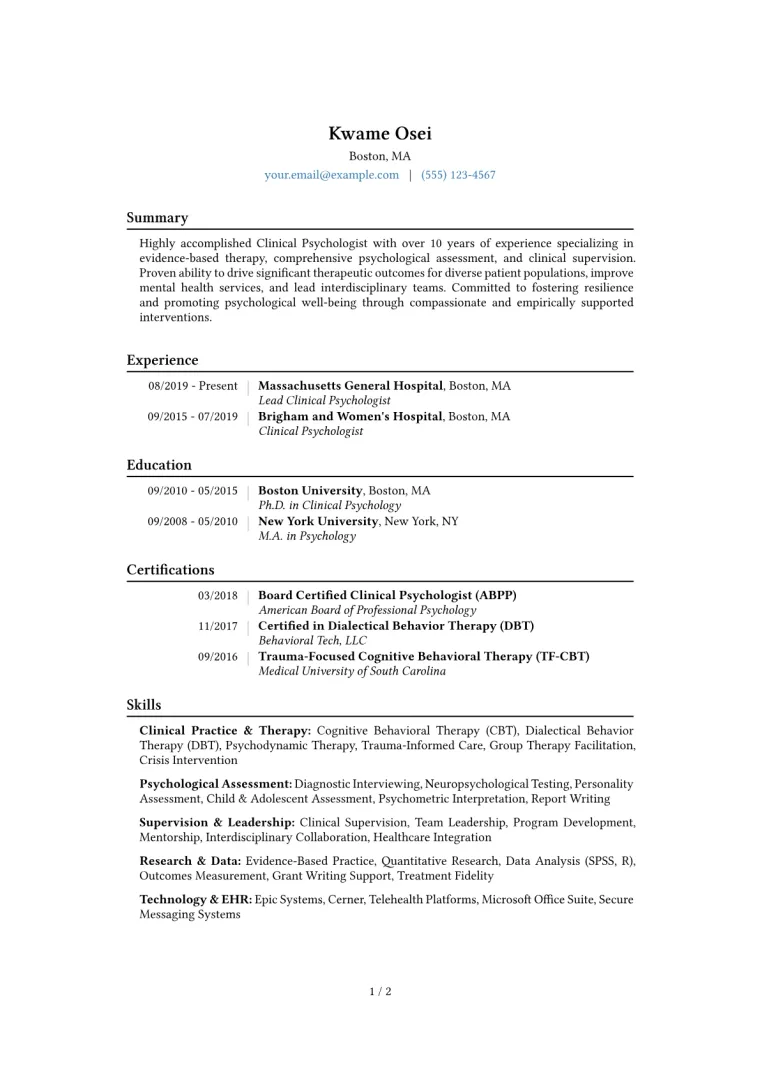 Psychologist Resume Example CV template preview