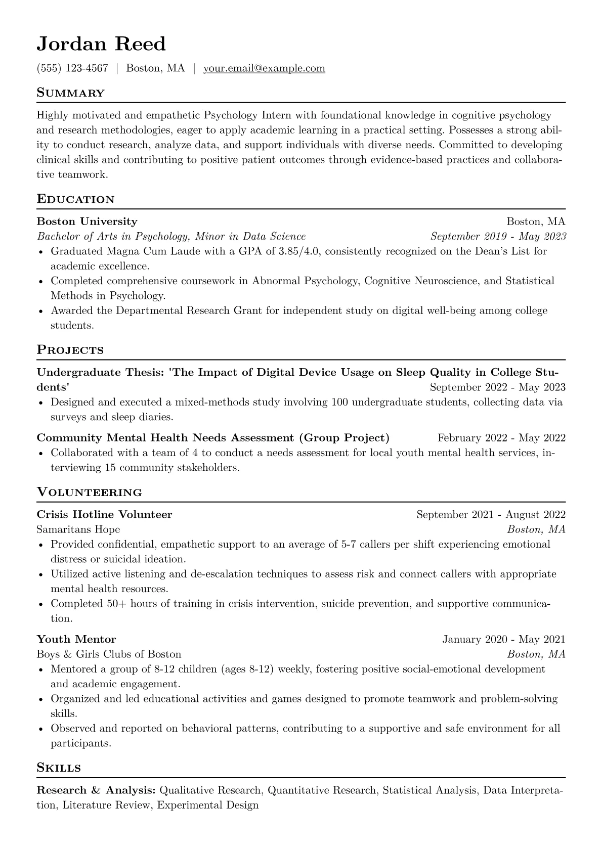 Psychology Intern Resume Example CV template - Page 1