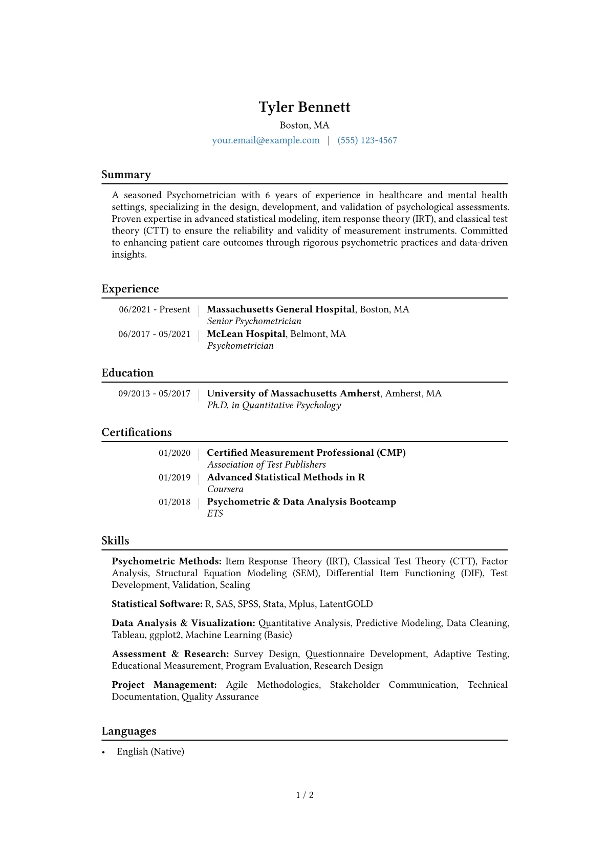 Psychometrician Resume Example CV template - Page 1
