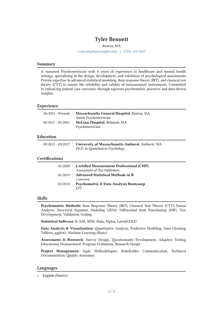 Psychometrician Resume Example CV template preview