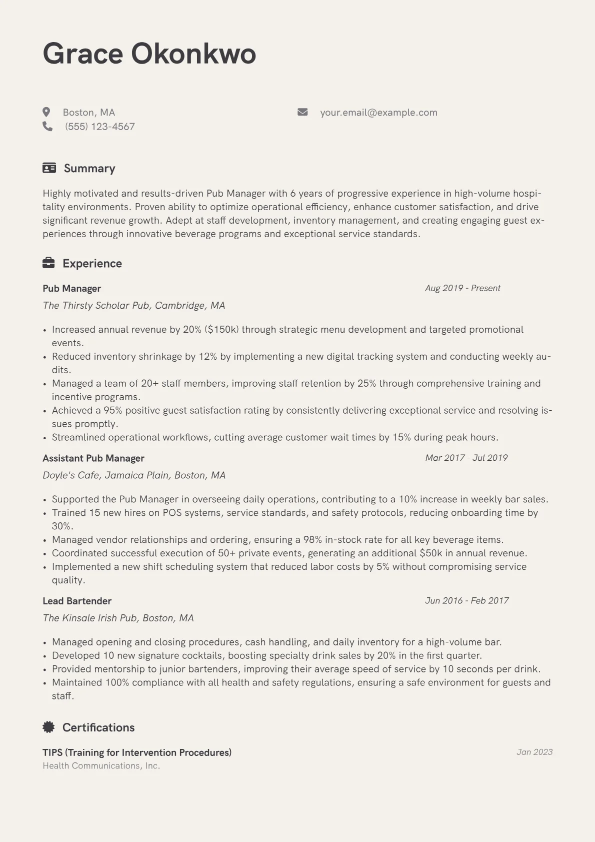 Pub Manager Resume Example CV template - Page 1