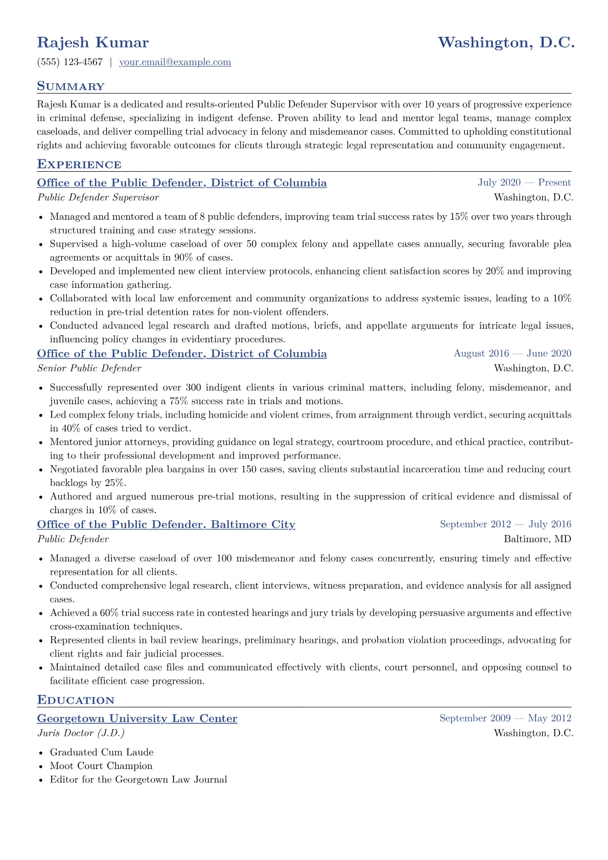 Public Defender Supervisor Resume Example CV template - Page 1