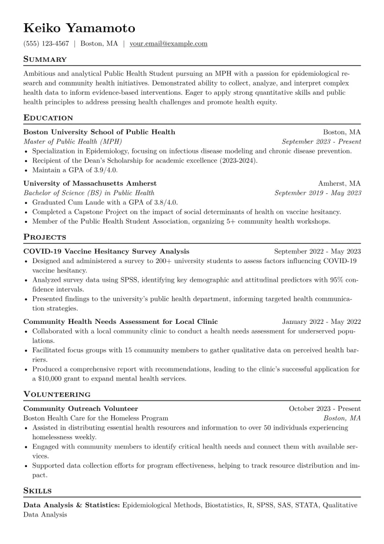 Public Health Student Resume Example CV template preview