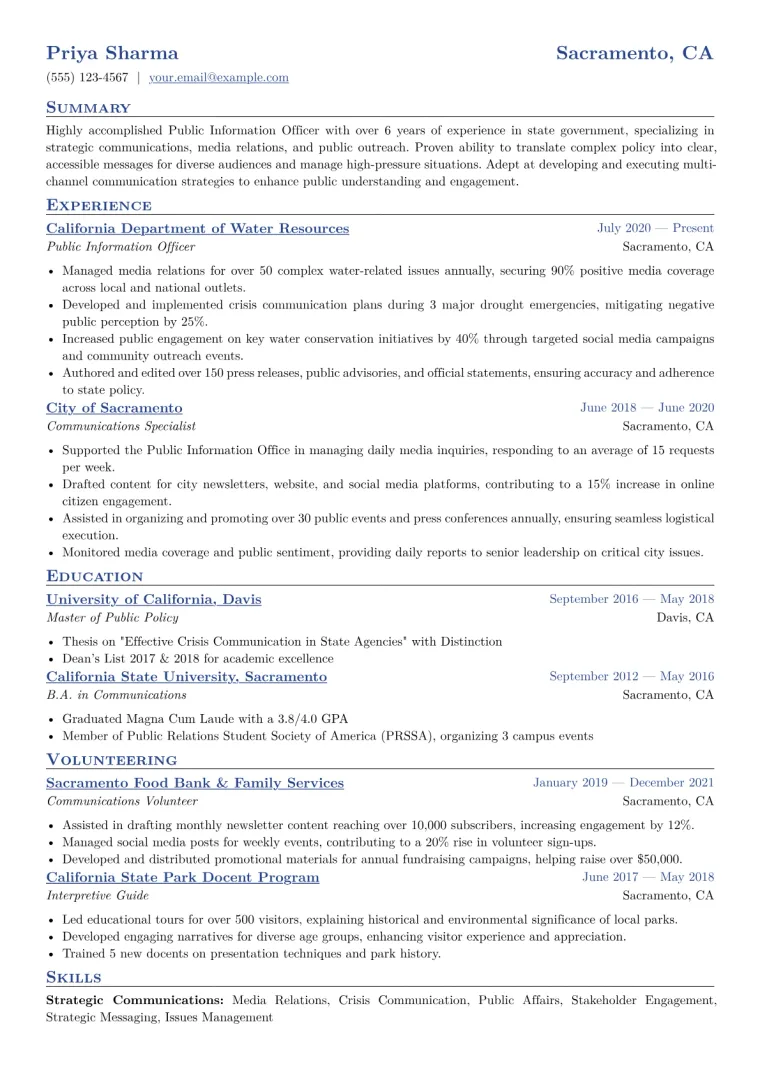 Public Information Officer Resume Example CV template preview