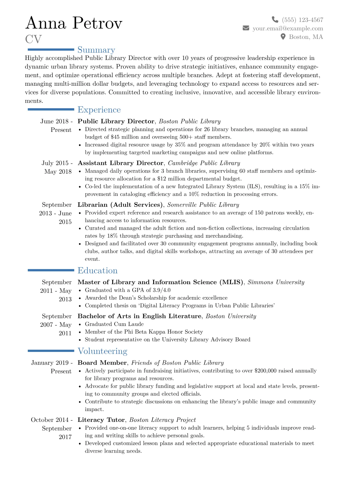 Public Library Director Resume Example CV template - Page 1