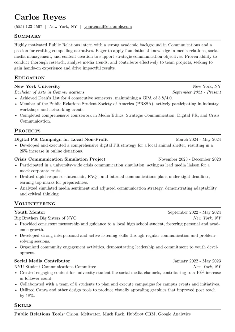 Public Relations Intern Resume Example CV template preview