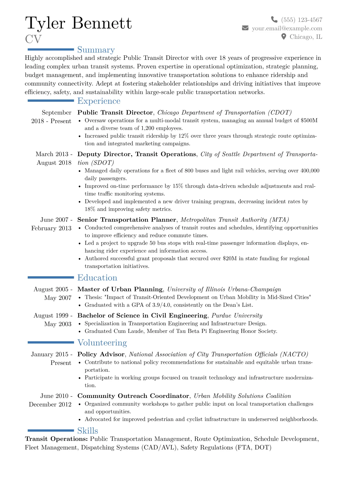 Public Transit Director Resume Example CV template - Page 1