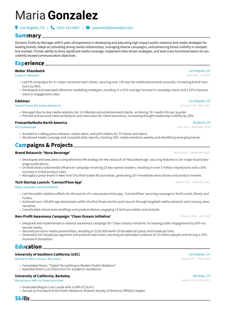 Publicity Manager Resume Example CV template preview