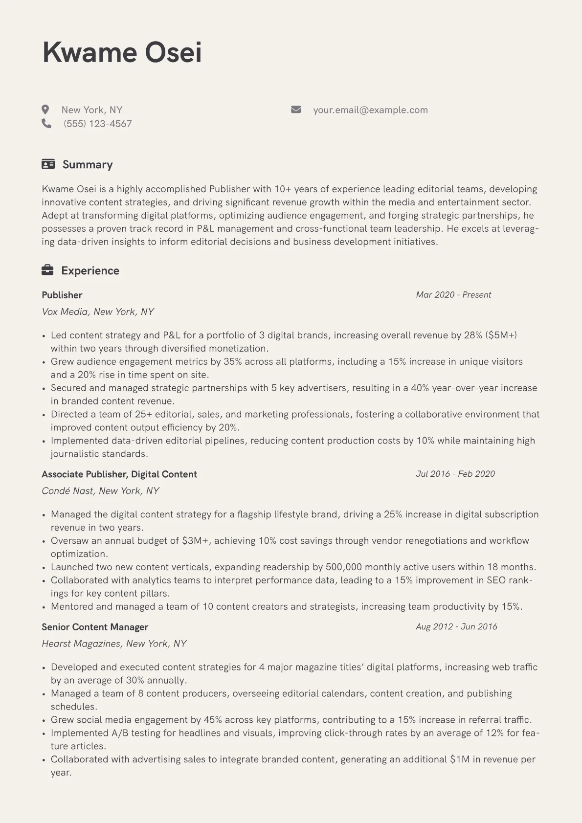 Publisher Resume Example CV template - Page 1