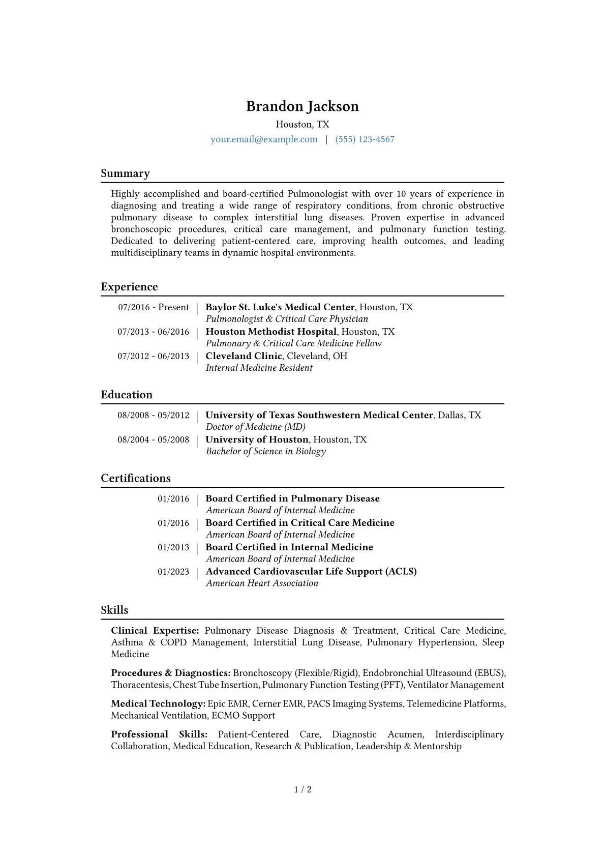 Pulmonologist Resume Example CV template - Page 1