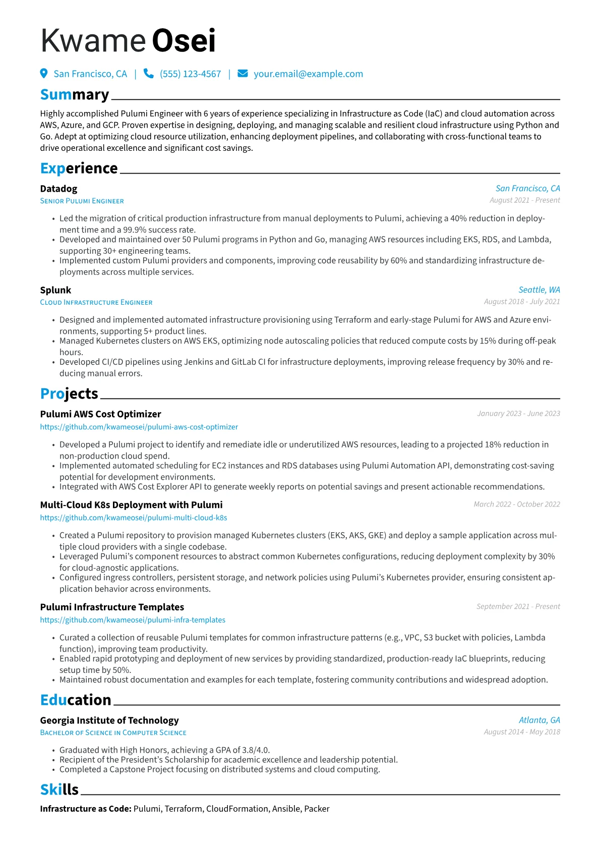 Pulumi Engineer Resume Example CV template - Page 1
