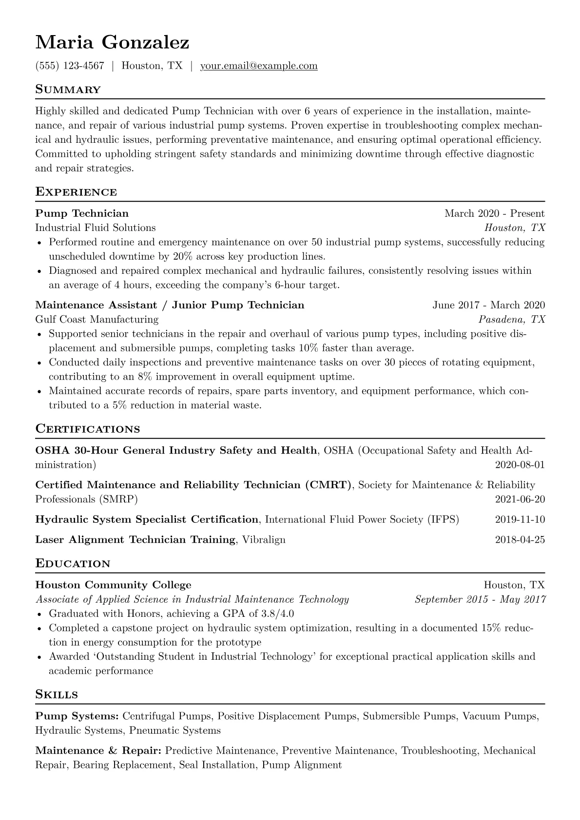 Pump Technician Resume Example CV template - Page 1