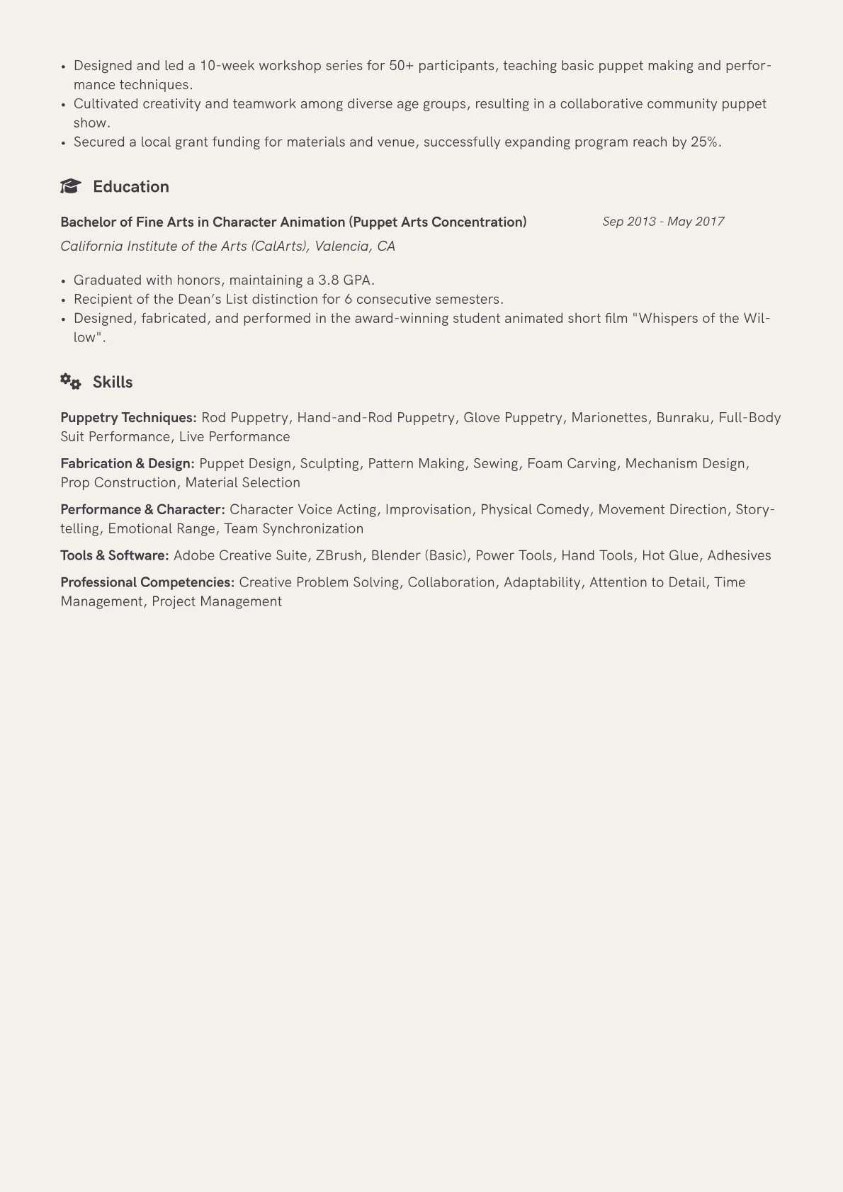 Puppeteer Resume Example CV template - Page 2
