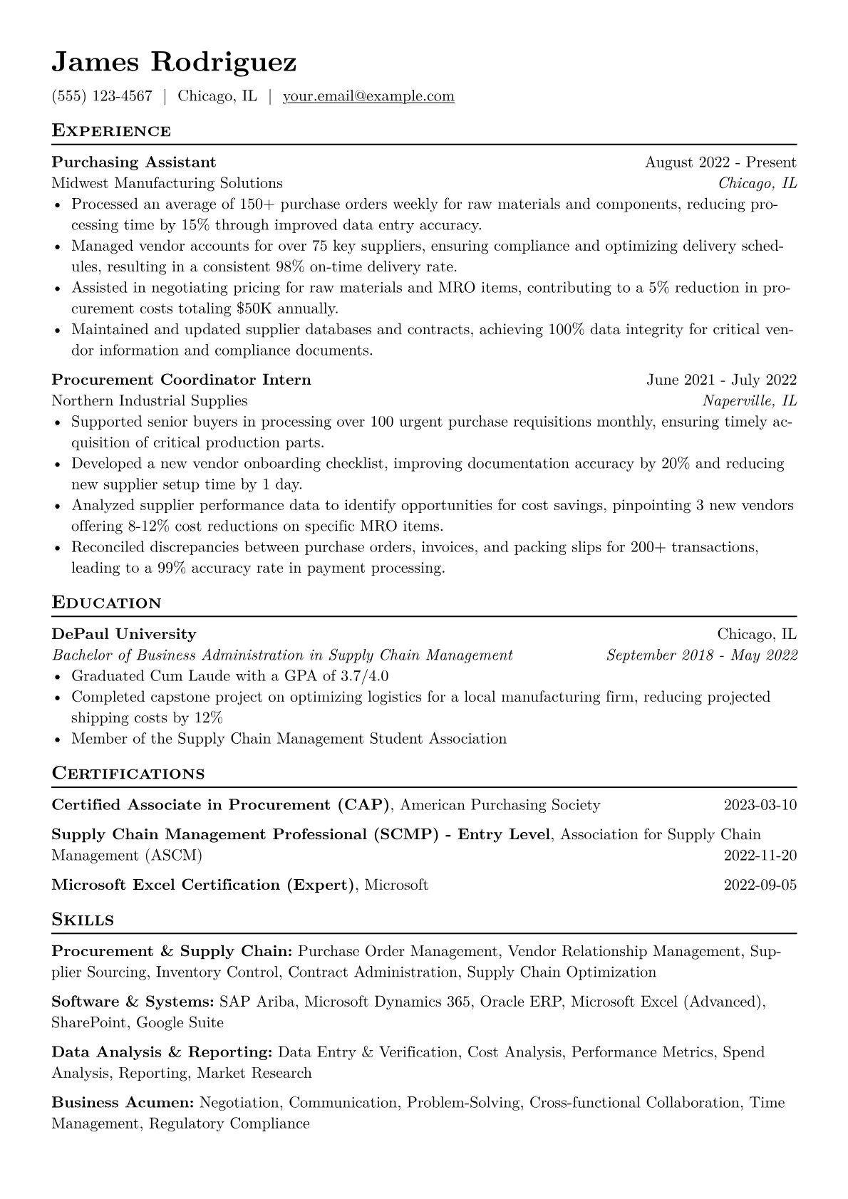 Purchasing Assistant Resume Example CV template - Page 1