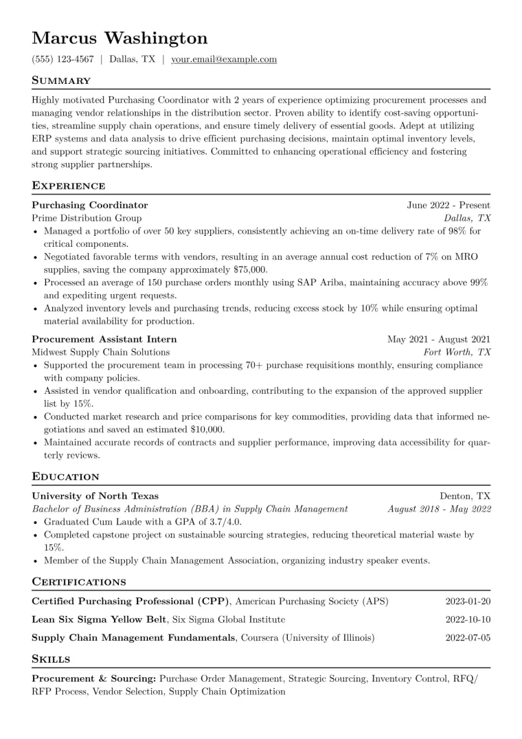 Purchasing Coordinator Resume Example CV template preview