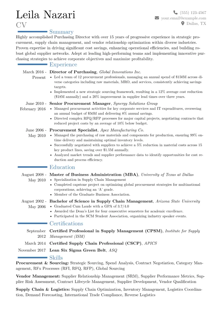 Purchasing Director Resume Example CV template preview