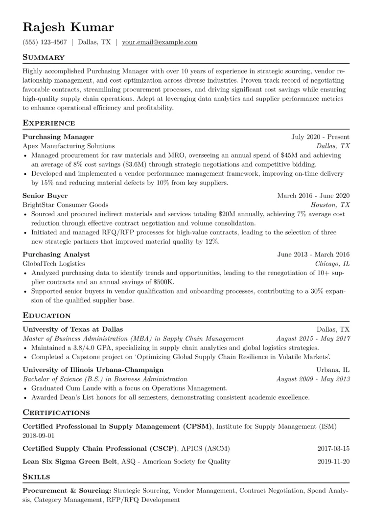 Purchasing Manager Resume Example CV template preview