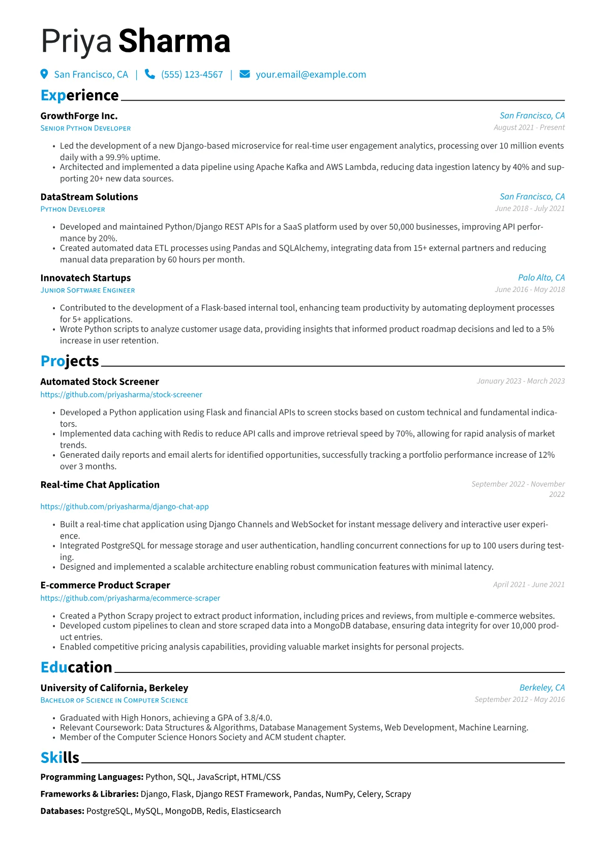 Python Developer Resume Example CV template - Page 1