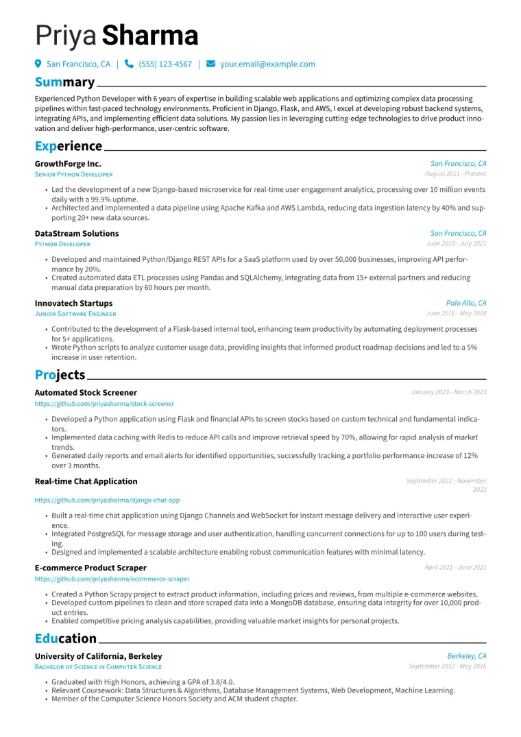 Python Developer Resume Example CV template preview