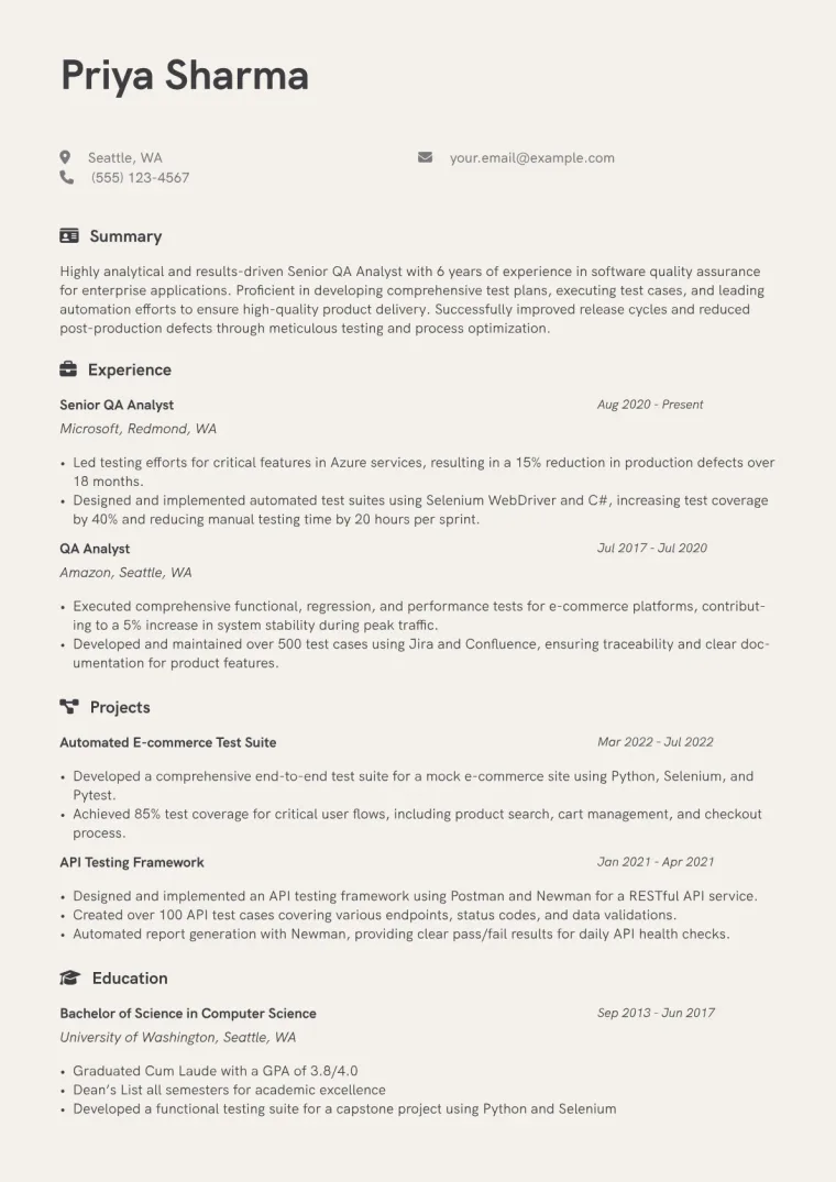 QA Analyst Resume Example CV template preview