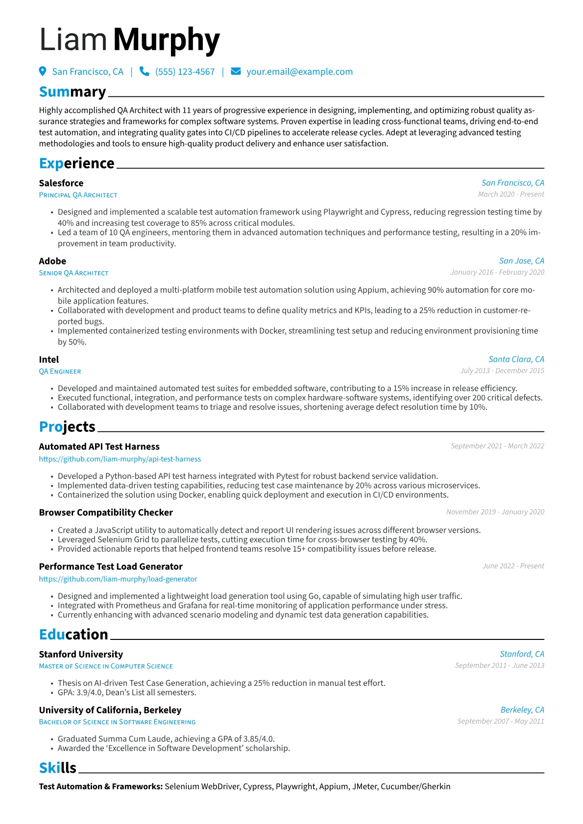 QA Architect Resume Example CV template - Page 1