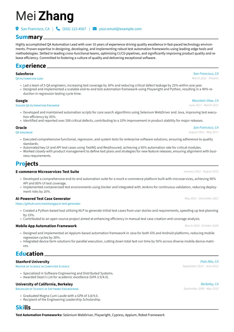 QA Automation Lead Resume Example CV template preview