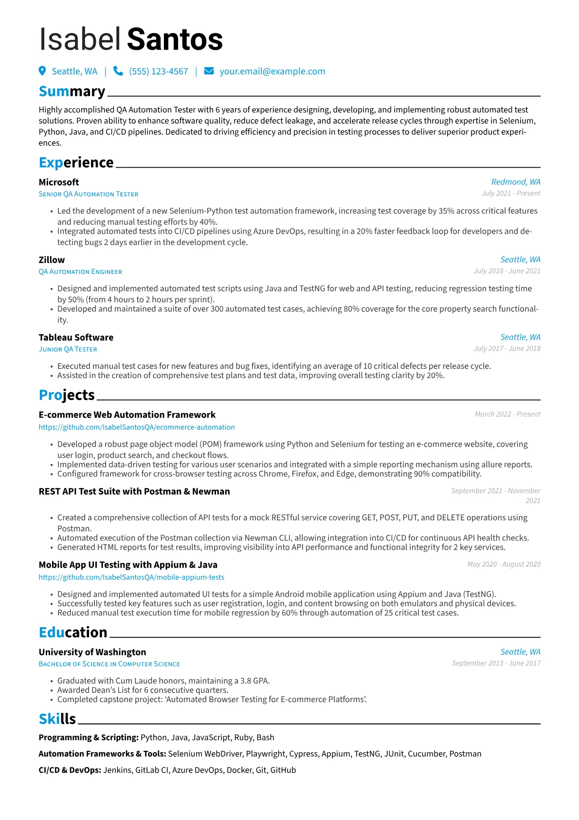QA Automation Tester Resume Example CV template - Page 1