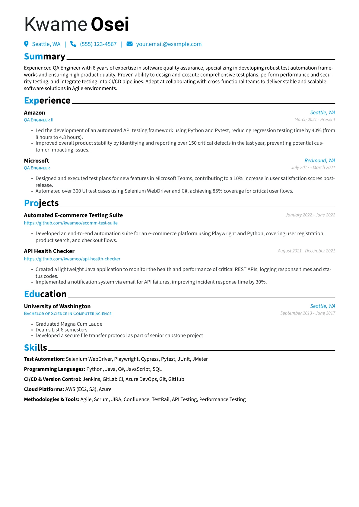 QA Engineer Resume Example CV template - Page 1