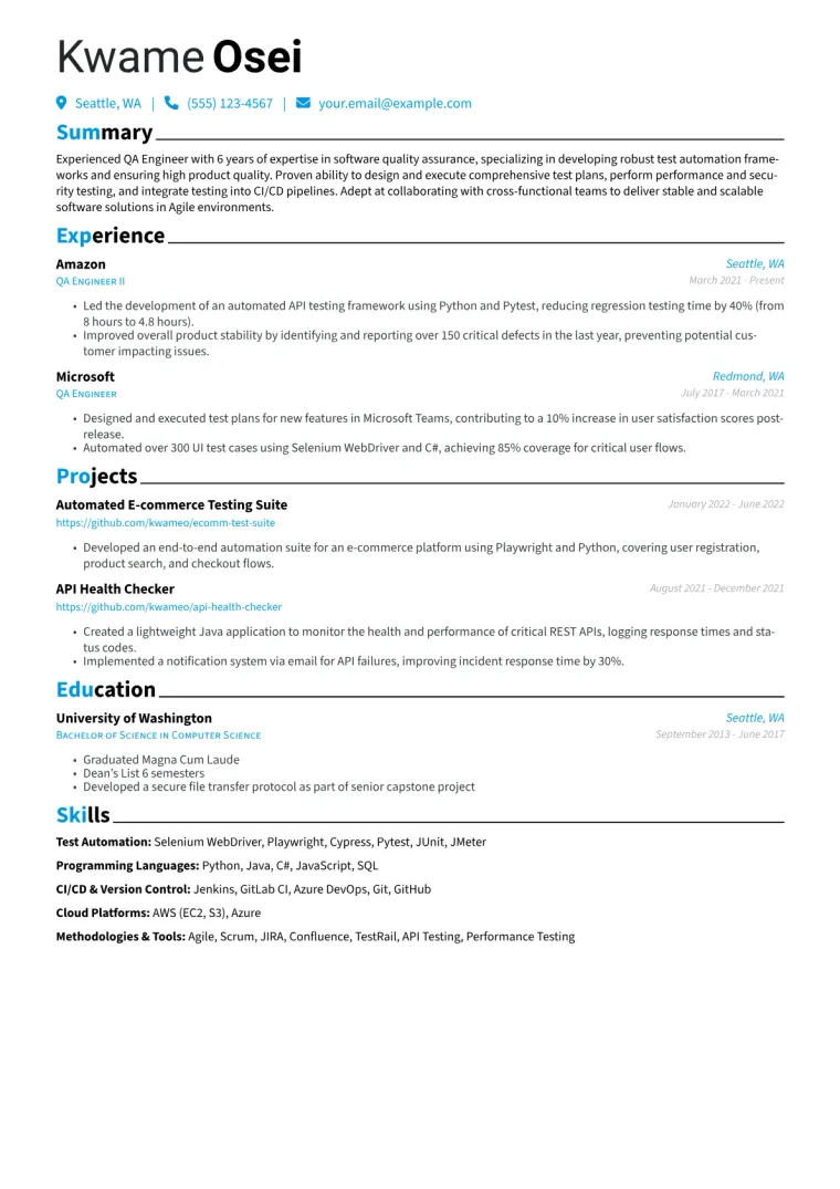 QA Engineer Resume Example CV template preview