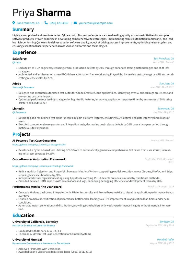 QA Lead Resume Example CV template preview
