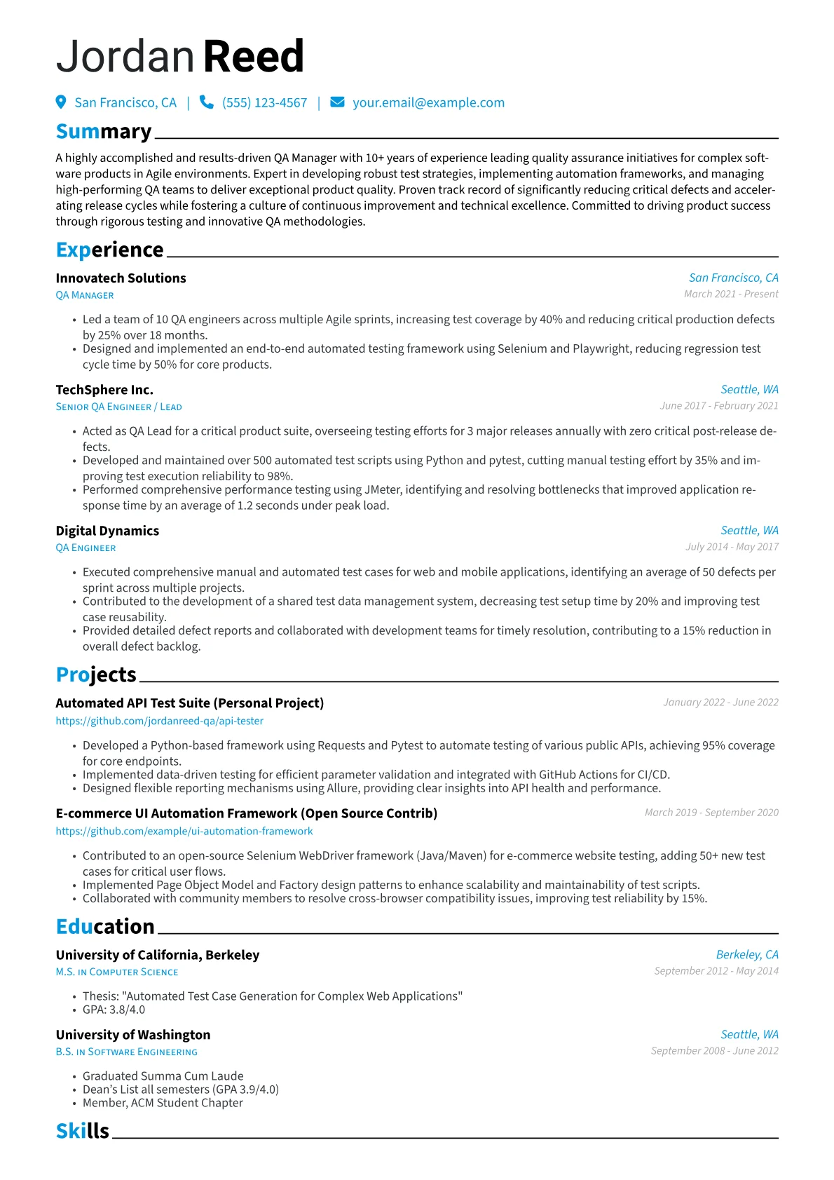 QA Manager Resume Example CV template - Page 1