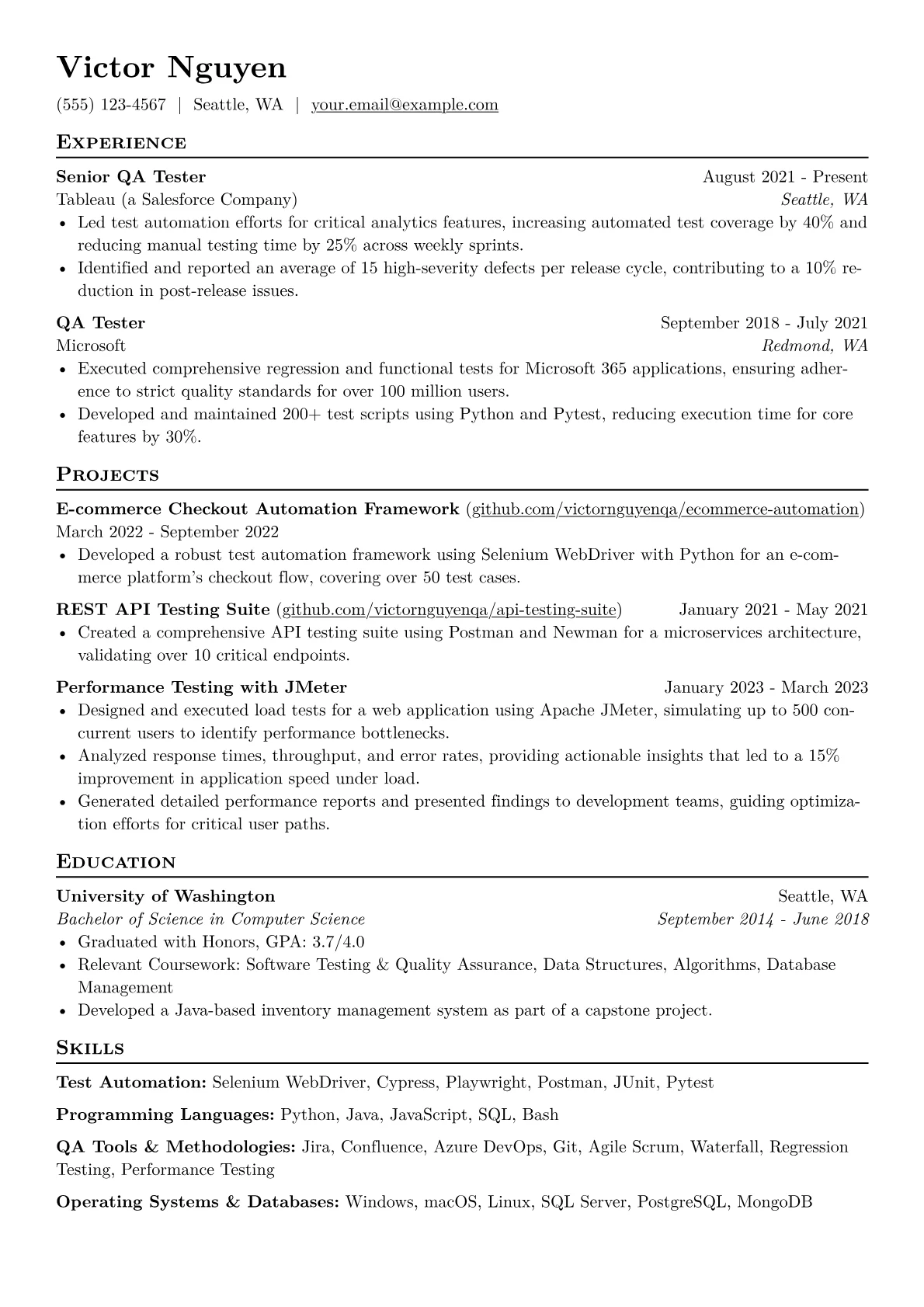 QA Tester Resume Example CV template - Page 1