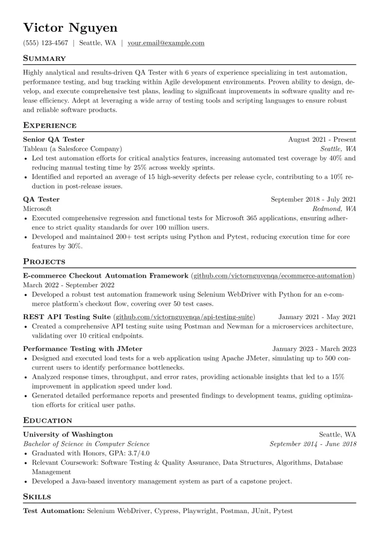 QA Tester Resume Example CV template preview