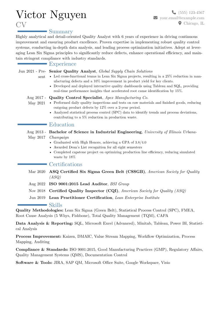 Quality Analyst Resume Example CV template preview