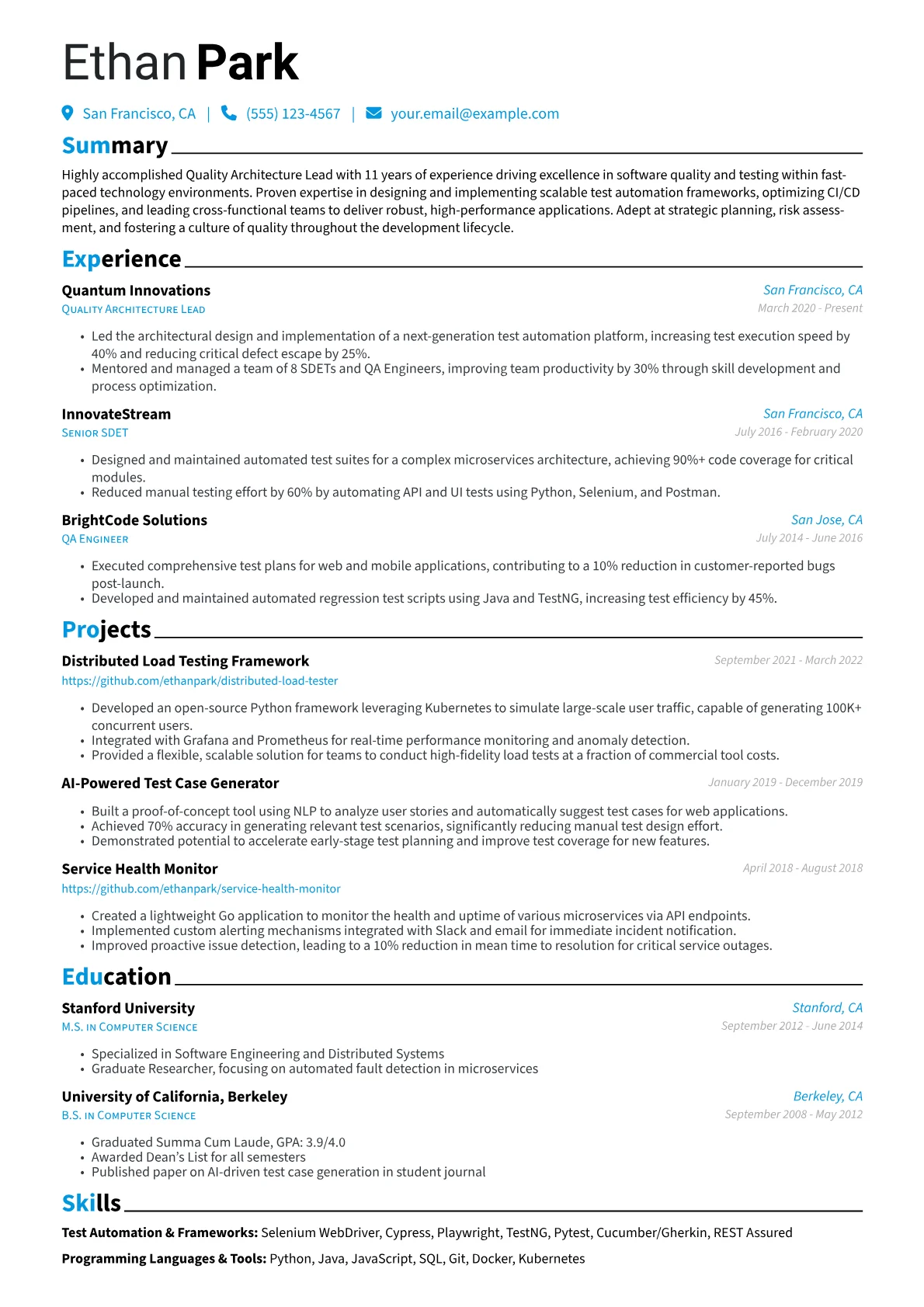 Quality Architecture Lead Resume Example CV template - Page 1