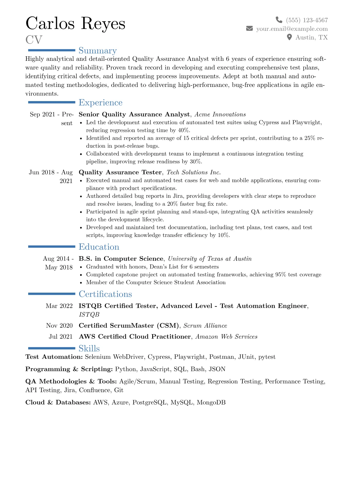 Quality Assurance Analyst Resume Example CV template - Page 1