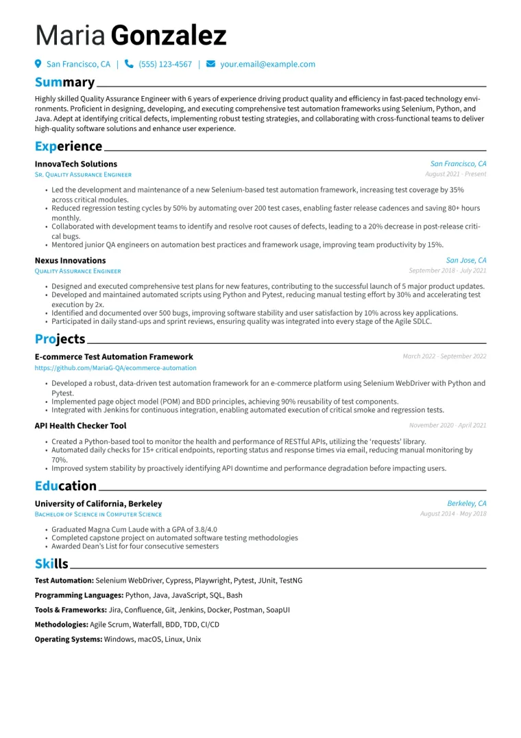 Quality Assurance Engineer Resume Example CV template preview