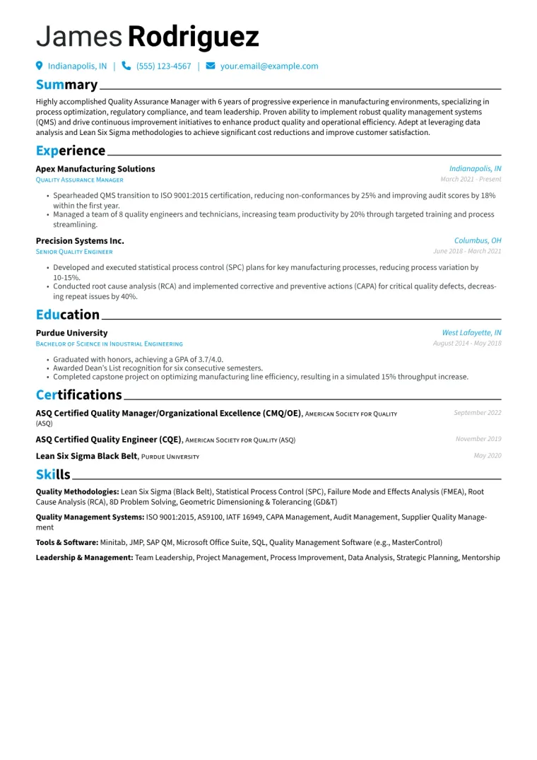 Quality Assurance Manager Resume Example CV template preview