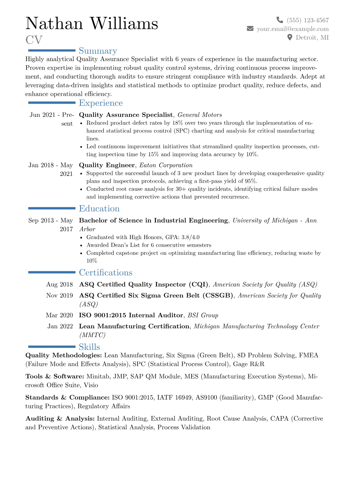 Quality Assurance Specialist Resume Example CV template - Page 1