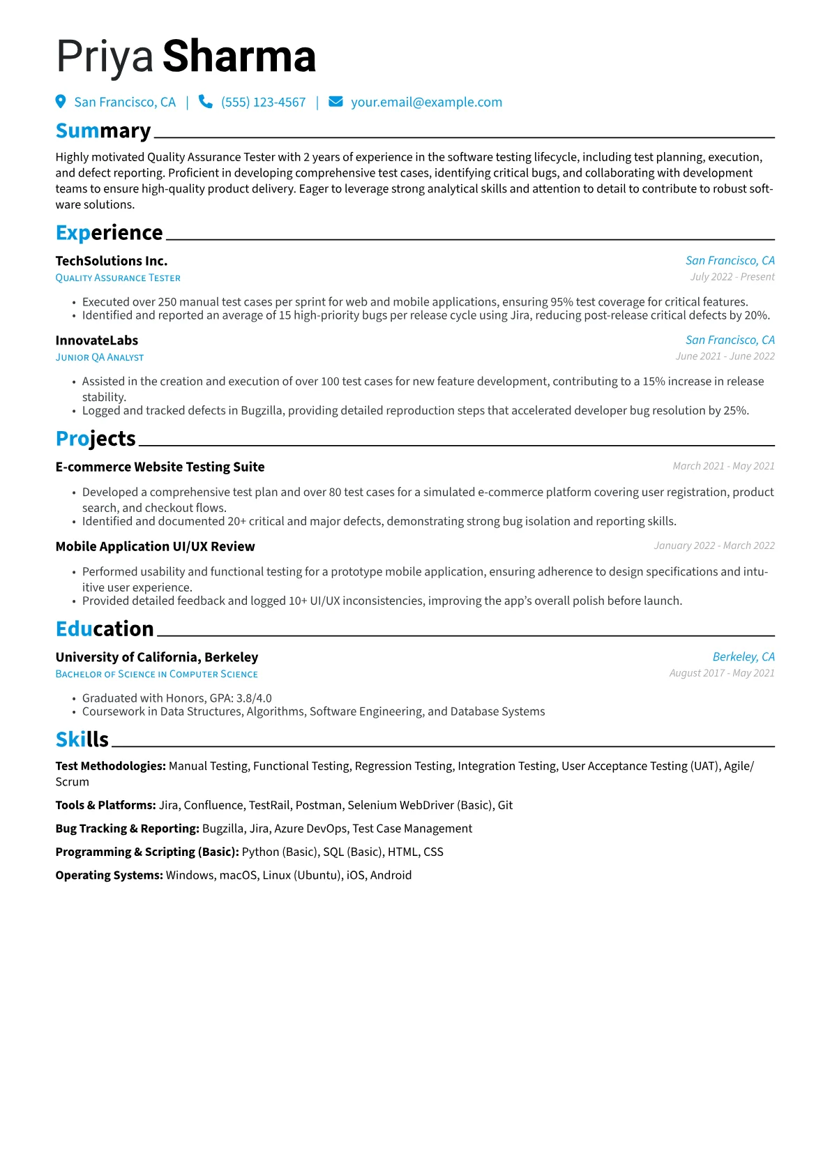 Quality Assurance Tester Resume Example CV template - Page 1