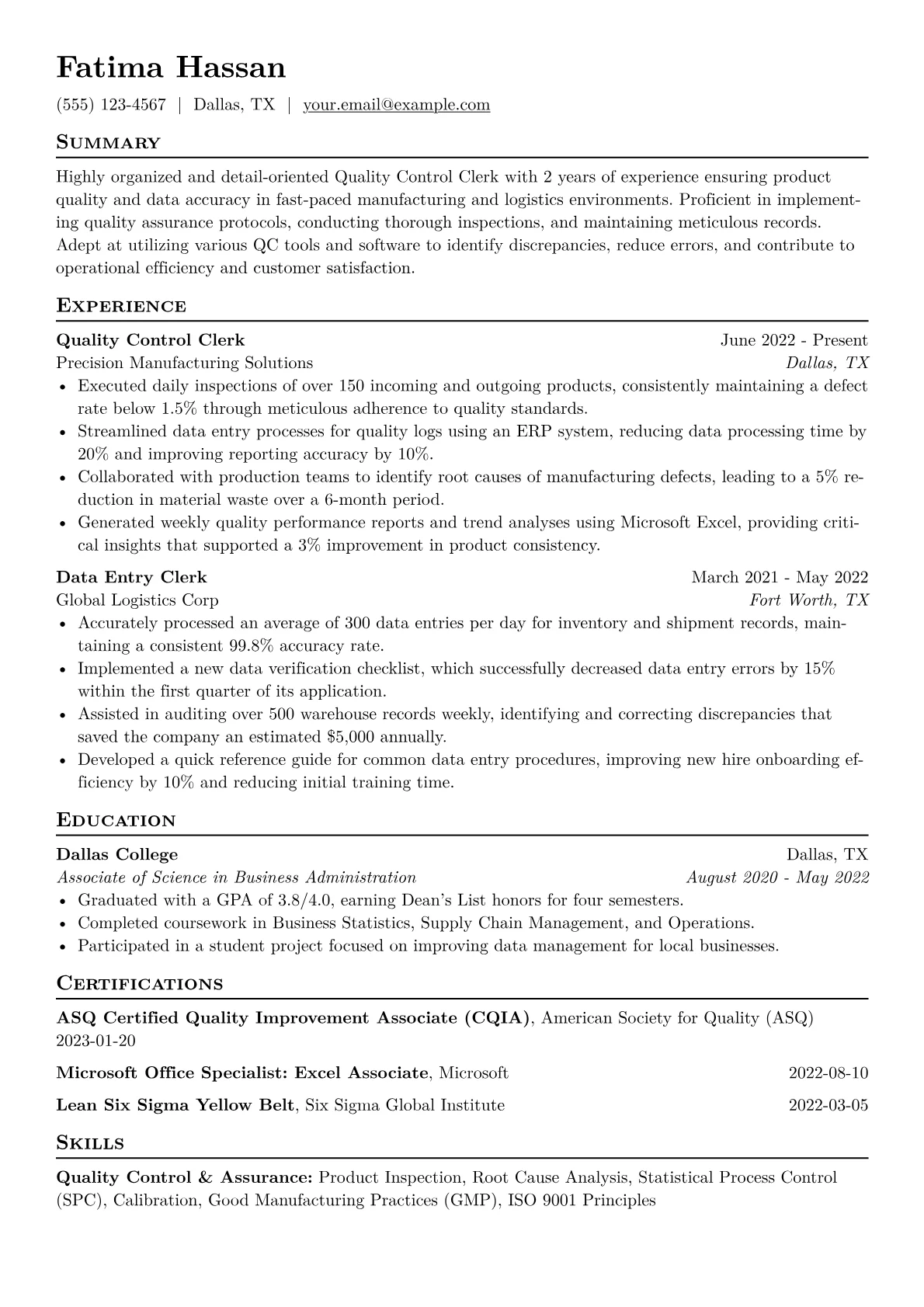 Quality Control Clerk Resume Example CV template - Page 1