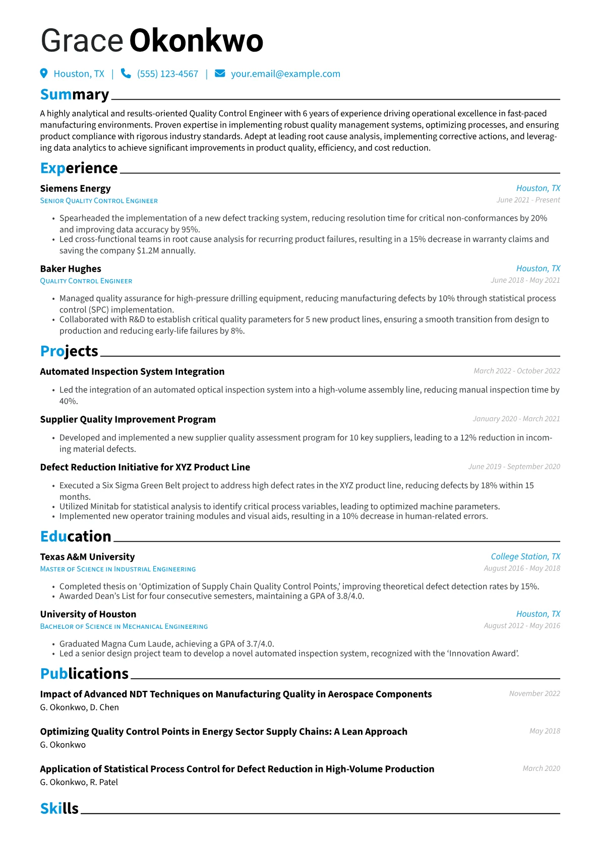 Quality Control Engineer Resume Example CV template - Page 1