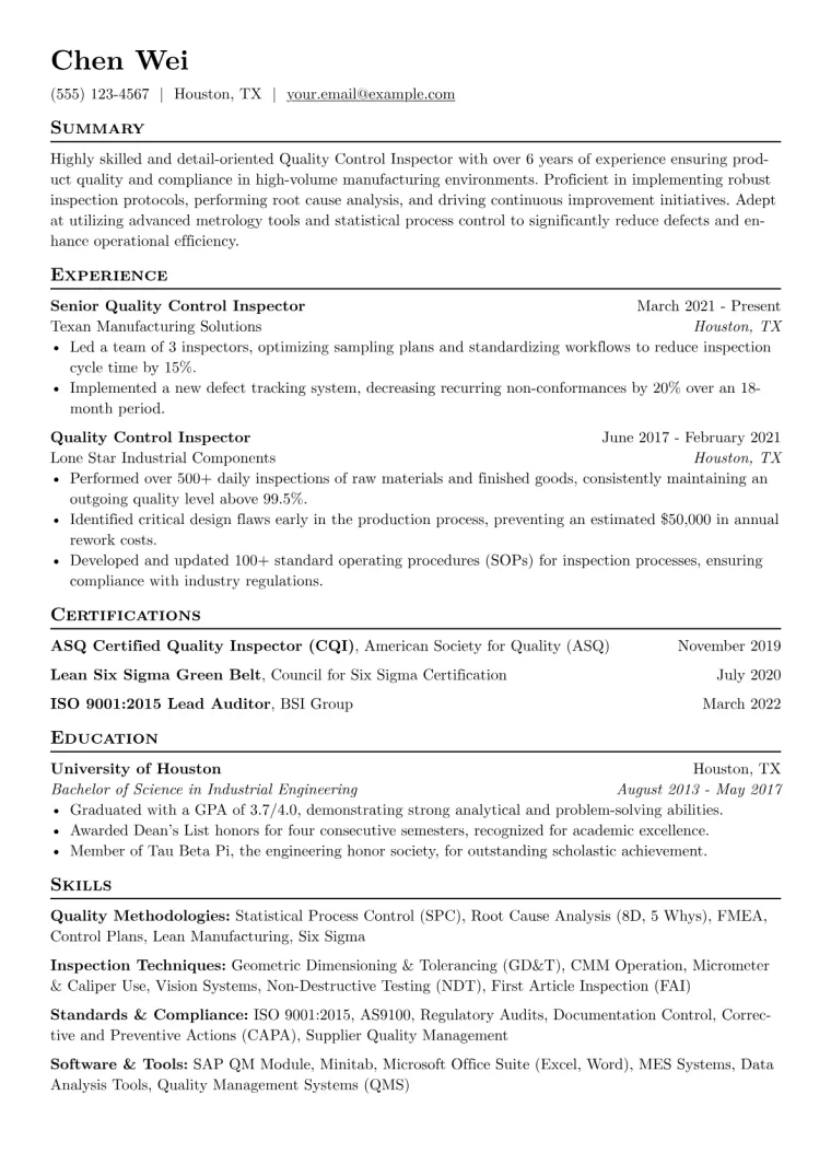 Quality Control Inspector Resume Example CV template preview