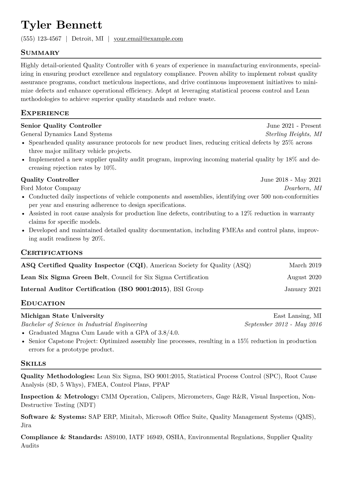 Quality Controller Resume Example CV template - Page 1