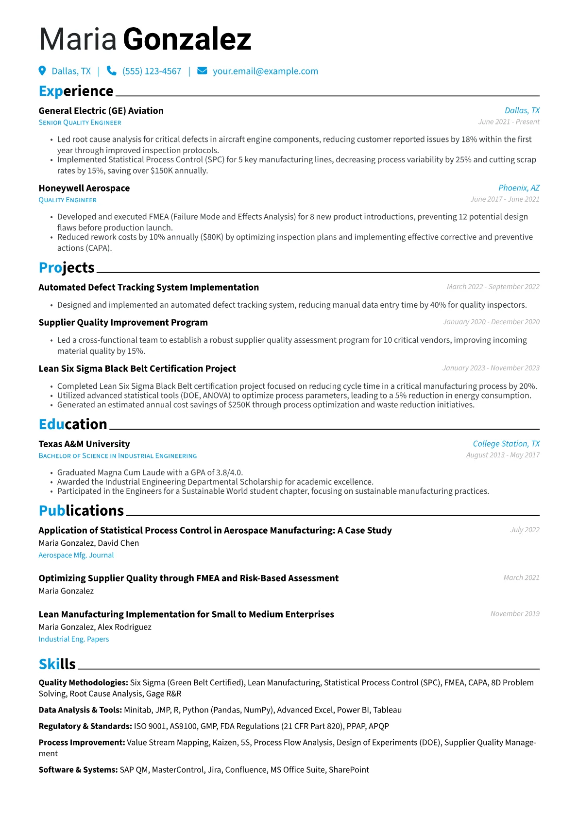 Quality Engineer Resume Example CV template - Page 1