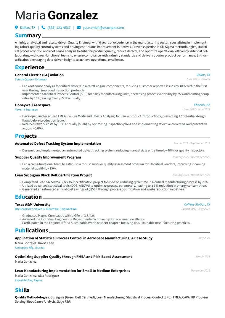 Quality Engineer Resume Example CV template preview