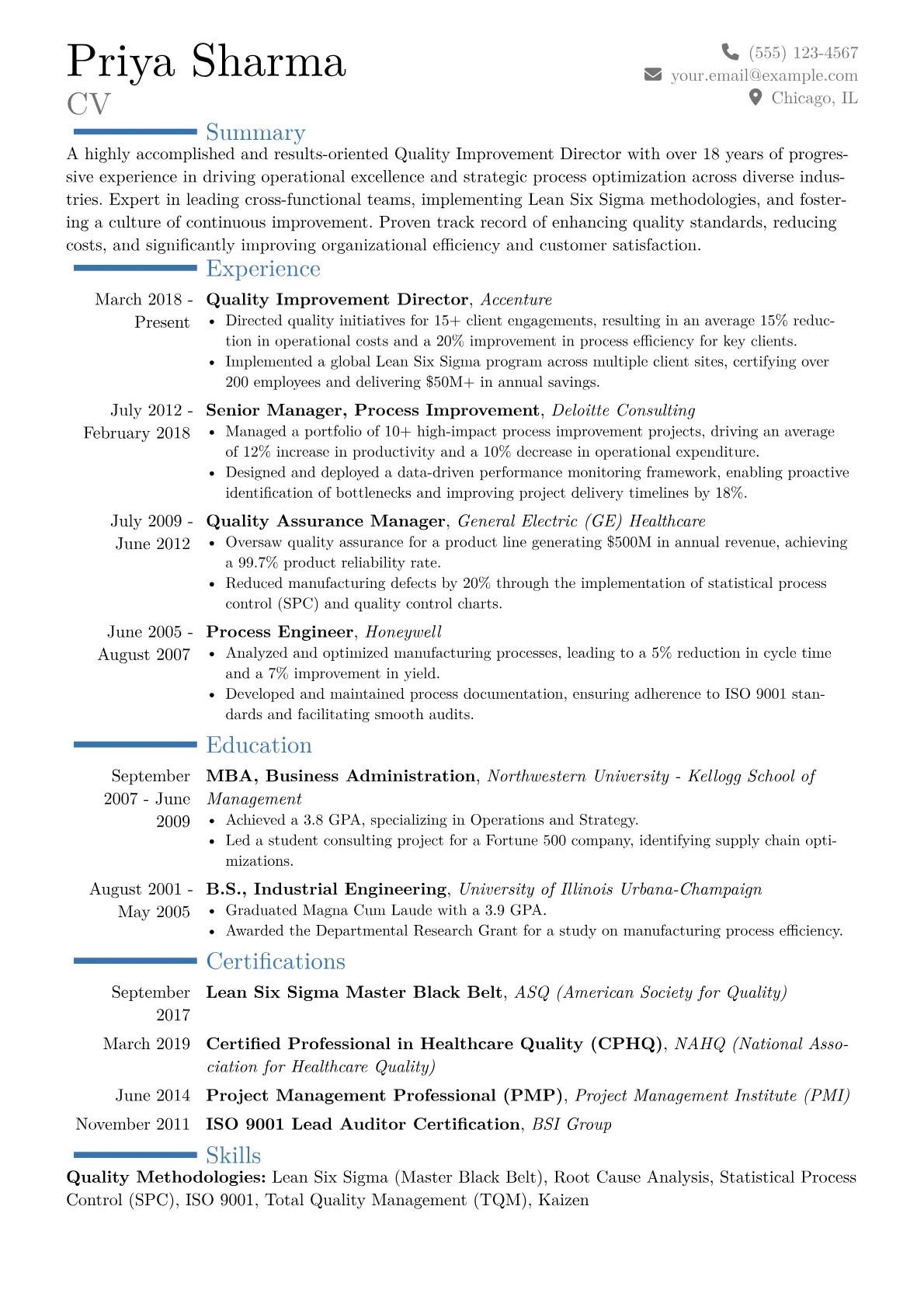 Quality Improvement Director Resume Example CV template - Page 1